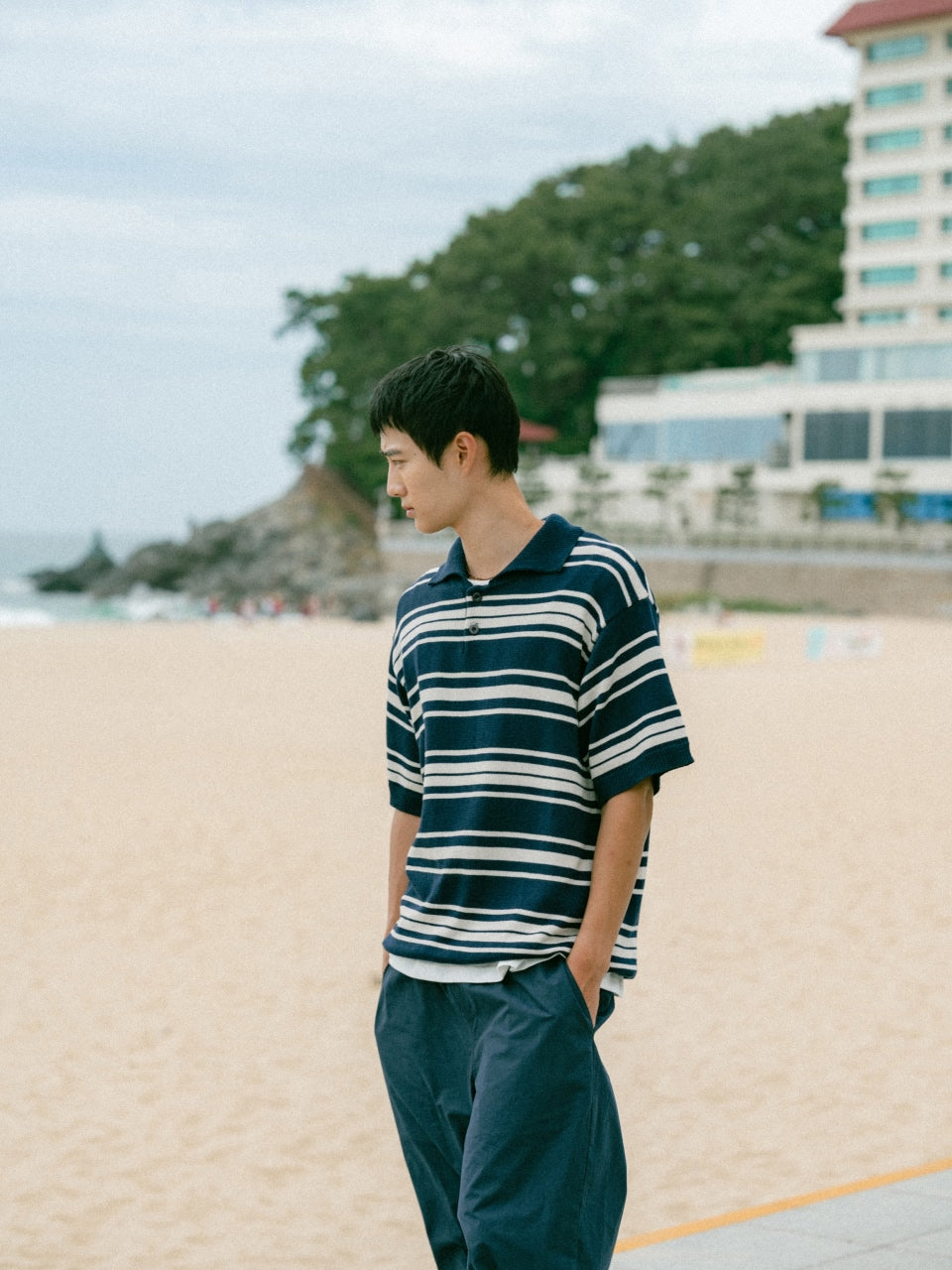 Airy Cotton Collar Knit (Stripe Navy)