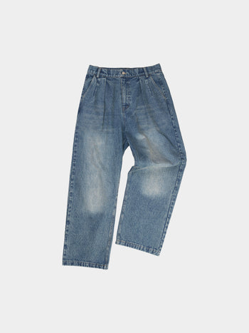 Loose Fit Pin-tuck Denim Pants (Mid Indigo)