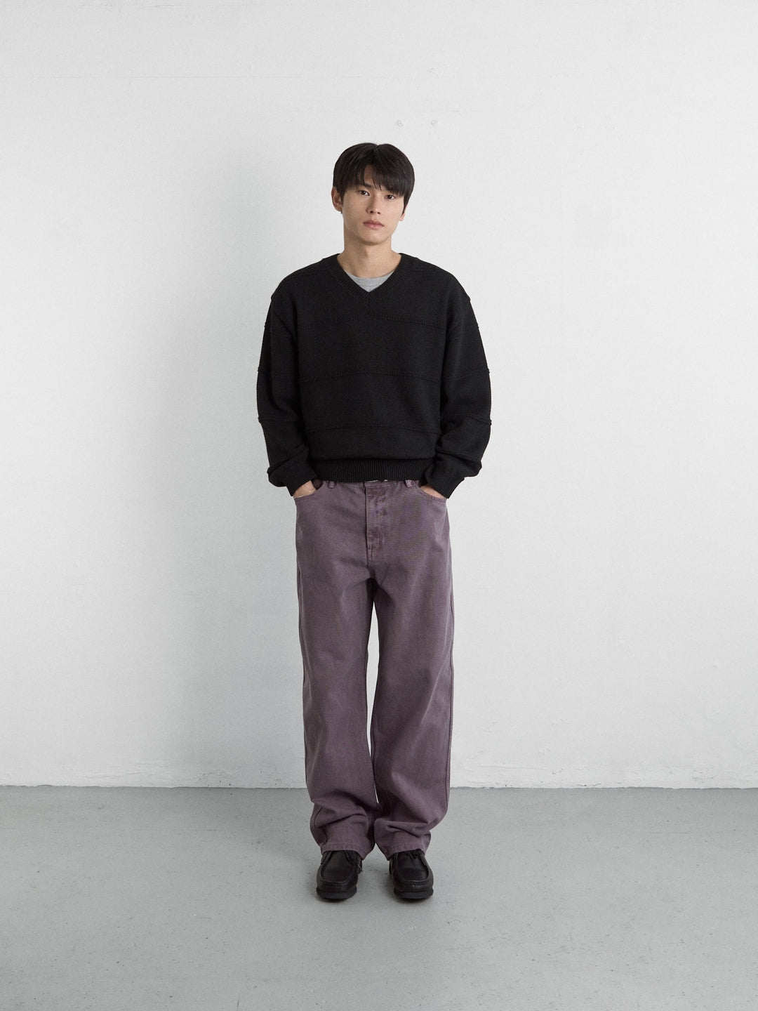 Cable Stripe V-Neck Knit (Black)