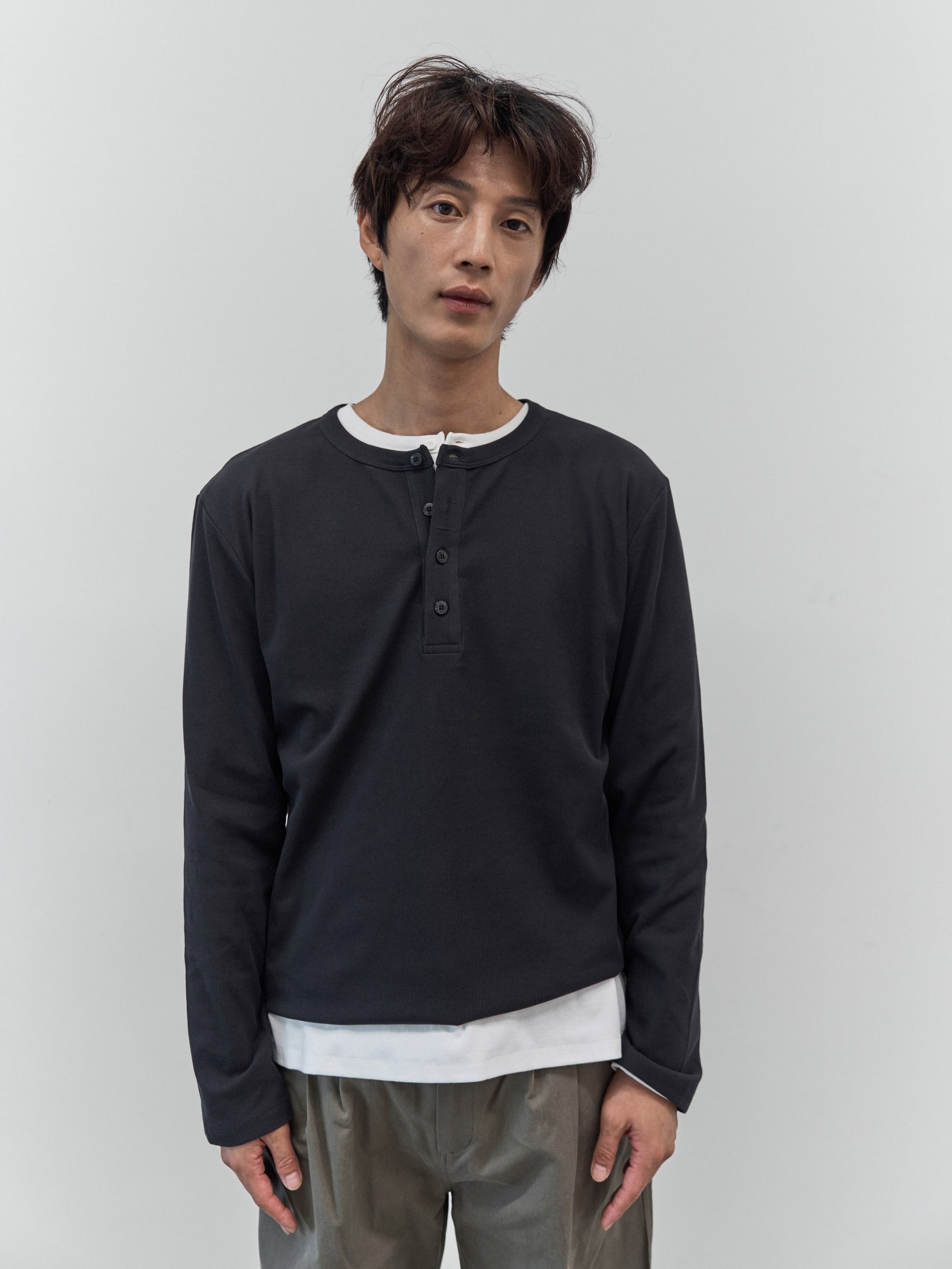 Henley Neck Long Sleeve T-Shirt (Charcoal)