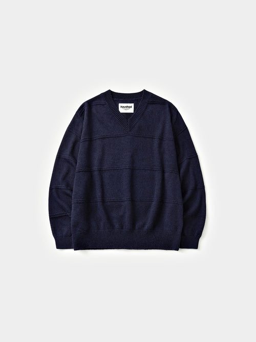 Cable Stripe V-Neck Knit (Navy)