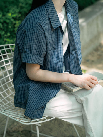 Open Collar Check Shirts (Beige)