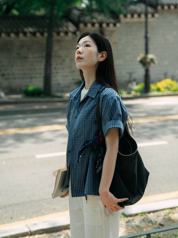 Open Collar Check Shirts (Charcoal)
