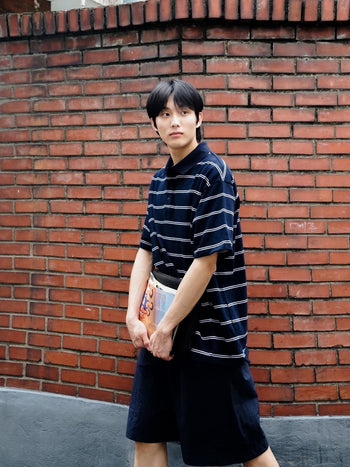 Oversized Stripe Polo Shirts (Navy)