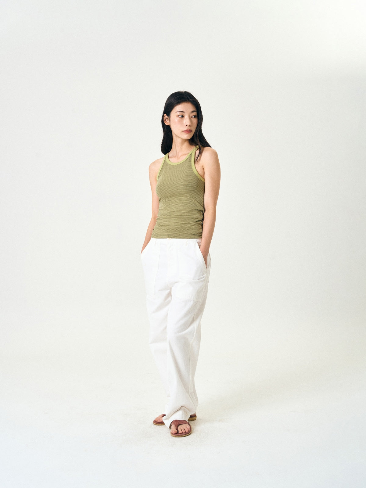 U-neck Sleeveless Top (Stripe Olive)