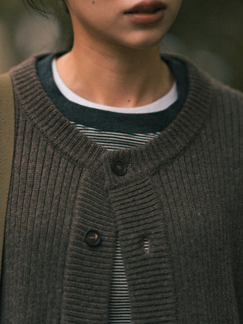 Fine Wool Roundneck Cardigan (Brown)