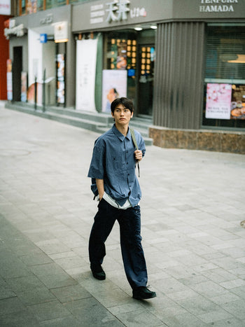 Open Collar Check Shirts (Navy)
