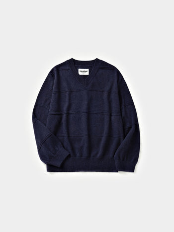 Cable Stripe V-Neck Knit (Navy)