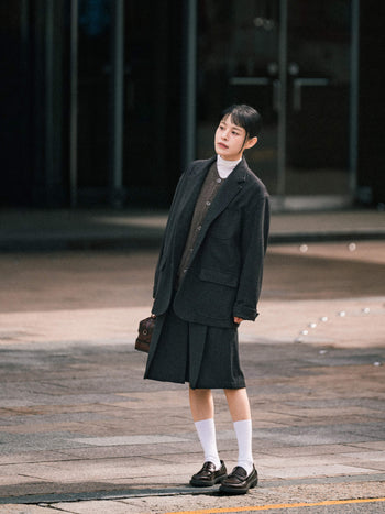 Wool Blend Pleats Skirt (Charcoal)