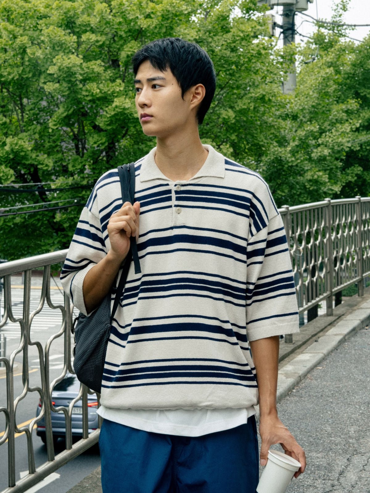 Airy Cotton Collar Knit (Stripe Ivory)