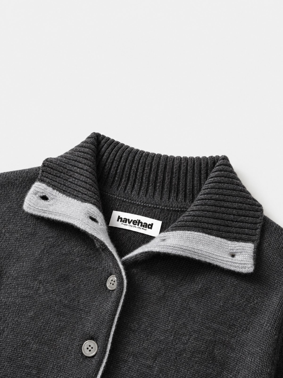 High-Neck Two-Tone Cardigan (Charcoal-Gray)
