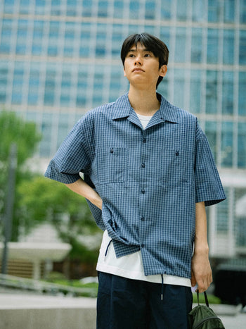 Open Collar Check Shirts (Navy)