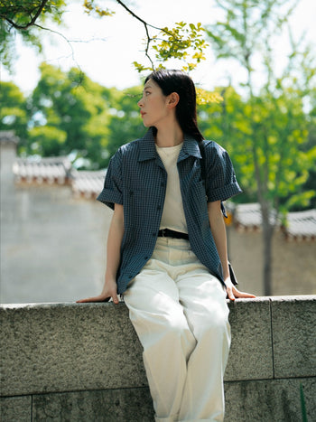 Open Collar Check Shirts (Navy)