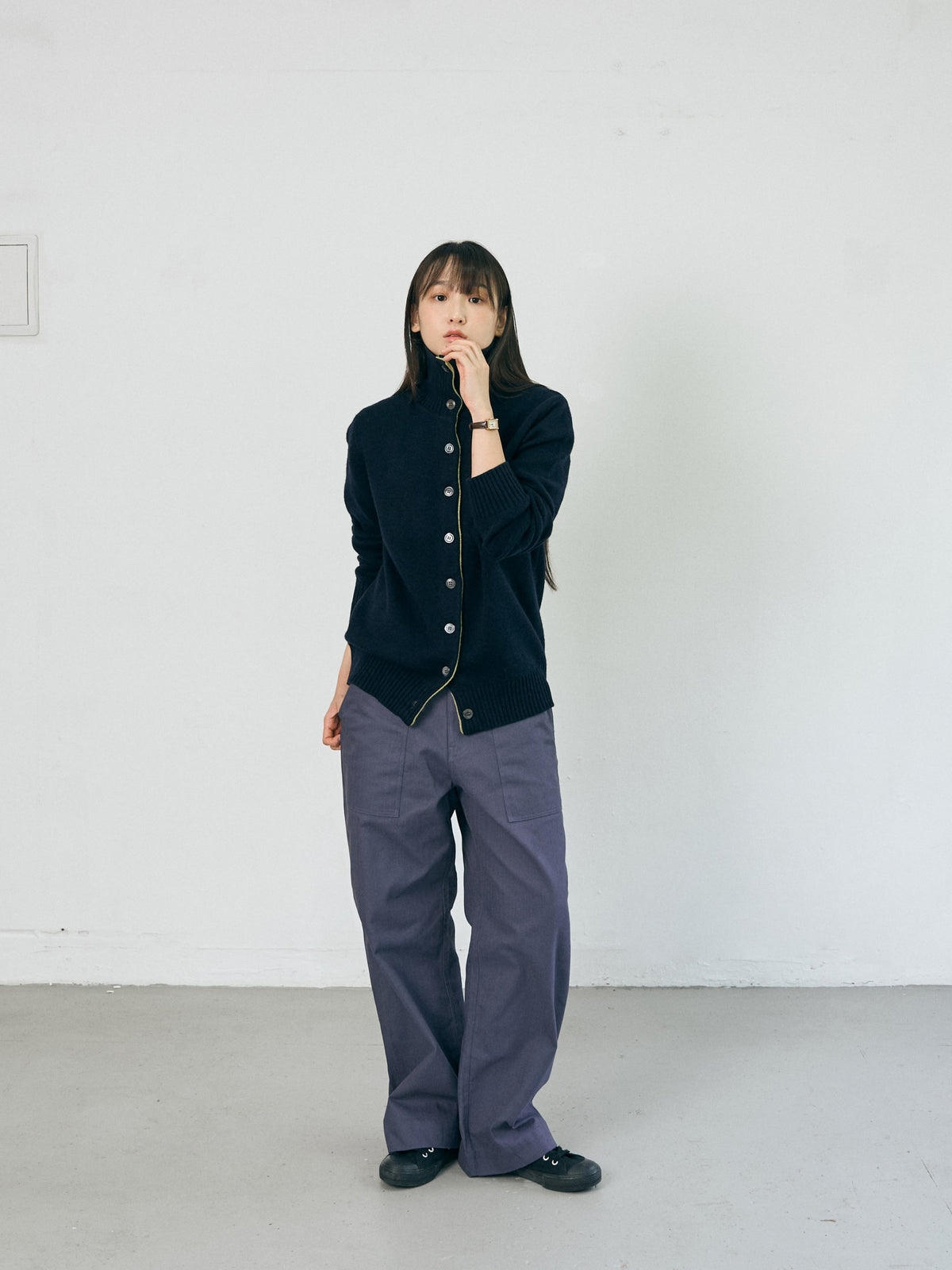 High-Neck Two-Tone Cardigan (Navy-Olive)