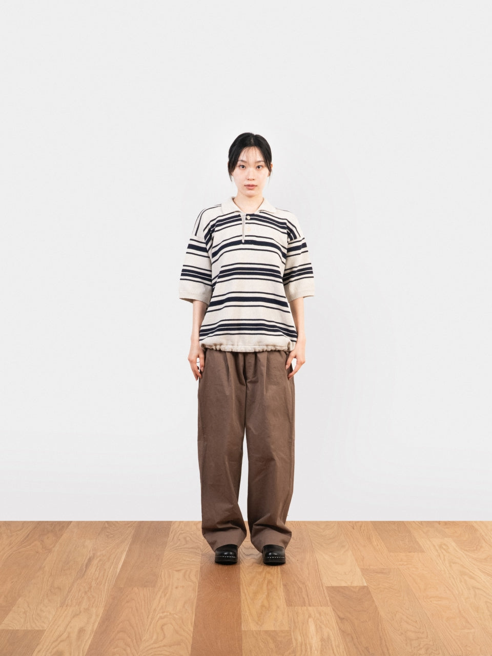 Airy Cotton Collar Knit (Stripe Ivory)