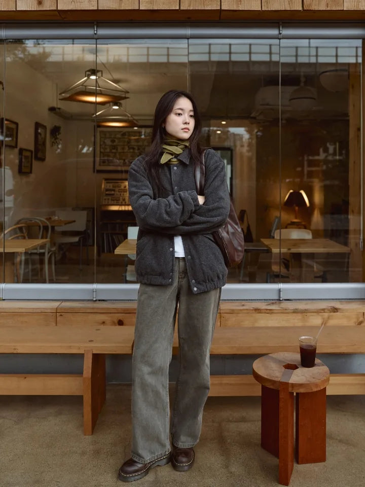 

Charcoal fleece and a scarf for a pause outside the café — 1